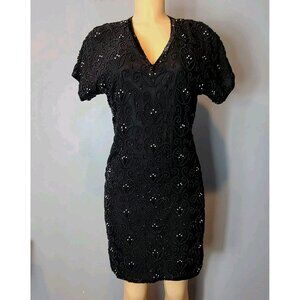 Vtg 90s Silk Beaded Black Mini Dress New Year Holiday Sparkle Size 6 Gatsby Goth